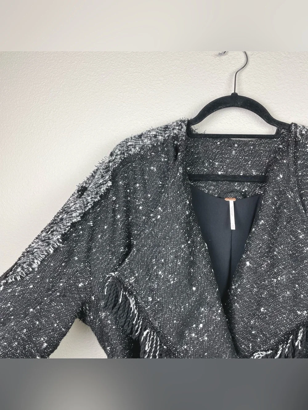 Free People Women's XS Fringe Wrap Blanket Coat Jacket Tie Waist Black Combo